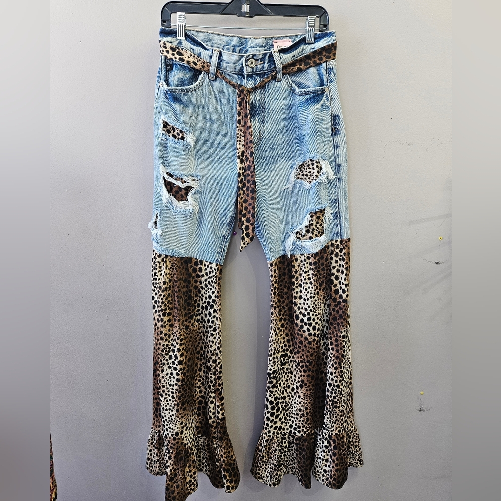 Blue and Brown Flare Jeans with Animal Print